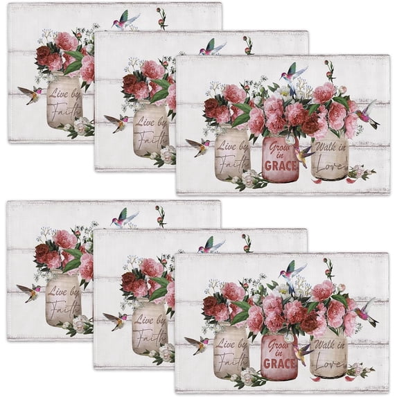 Rose Flower Placemats Set of 6 Farmhouse Peony Floral Table Mats Washable Place mats for Home Party Indoor Kitchen Dining Table Decoration 12x18 Inch