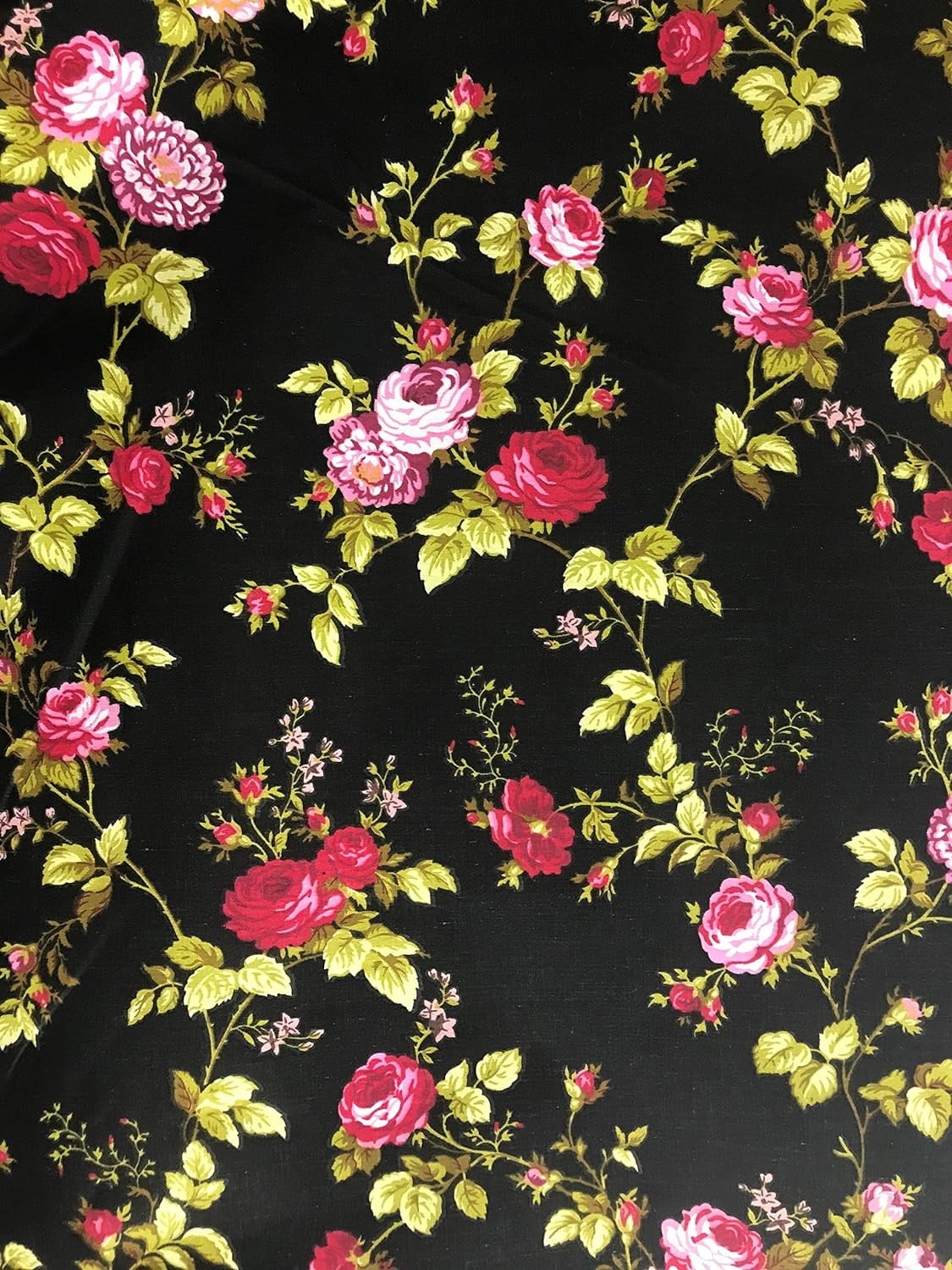 Rose Flower Polyester Cotton Fabric Print, Sells by The Yard (Black/RED)