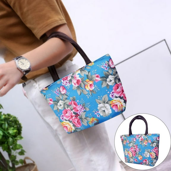 Rose Flower Printed Women Canvas Big Capacity Handbag Tote Shoulder Bag Blue/ Handbag