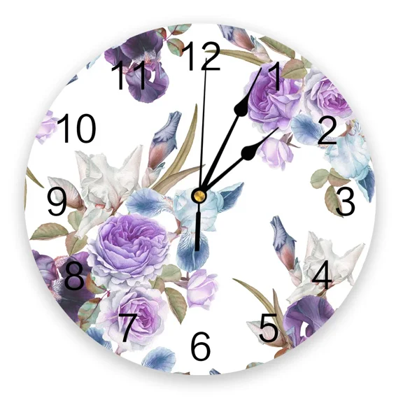 Rose Flower Purple Iris 3D Wall Clock Modern Design Living Room Decoration Kitchen Clock Art Wall Watch Home Decor(14 Inch)
