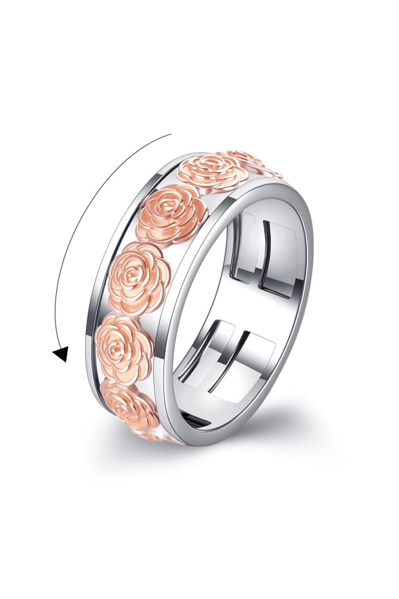 Rose Flower Ring Sterling Silver Flower Anxiety Spinner Rings Rotatable Mood Rings for Women Relieve Stress Gift