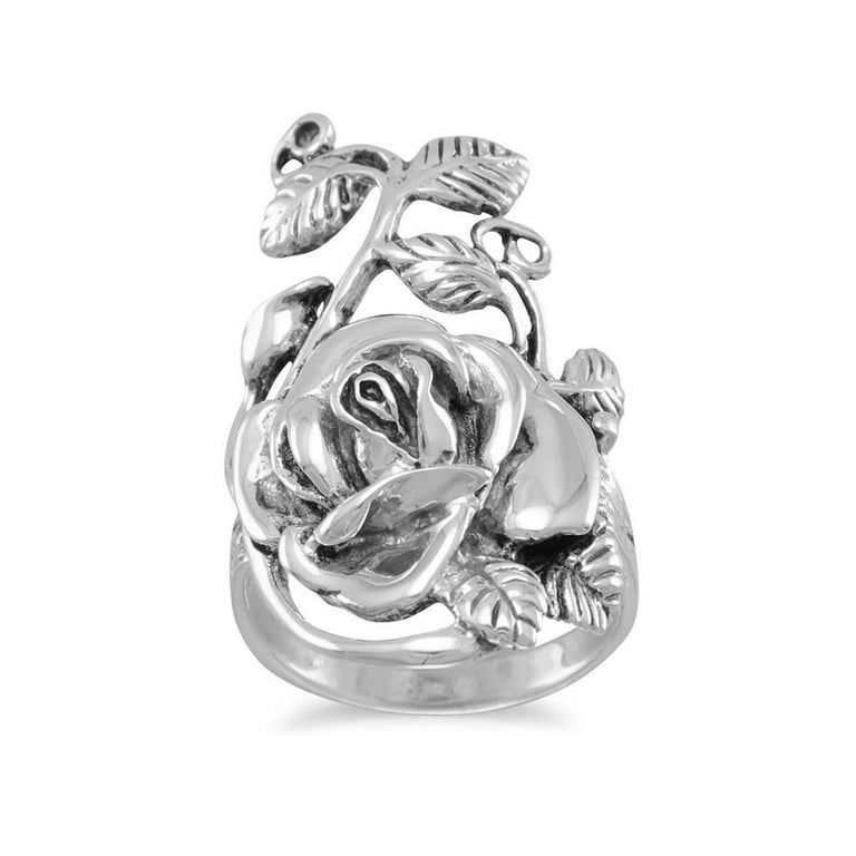 Rose Flower Ring with Leaves and Vines Antiqued Sterling Silver Rose Flower Ring with Leaves and Vines Antiqued Sterling Silver