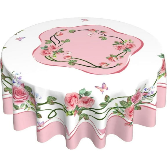 Rose Flower Round Tablecloth 60Inch Valentines Day Pink Floral Butterflies Table Cover Romantic Spring Kitchen Dining Polyester Stain Resistant Table Cloth for Holiday Party Picnic Decor