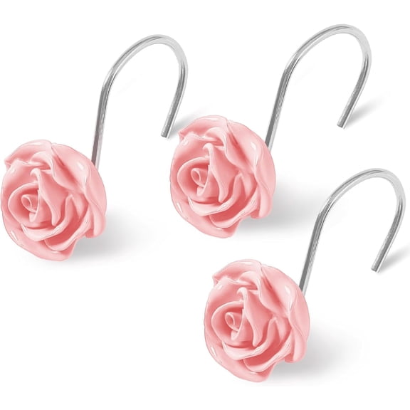 Rose Flower Shower Curtain Hooks 12PCS,Home Decorative Pink Rose Shower Curtain Hooks Metal Rustproof Cute Rose Flower Shower Hooks Rings Bathroom Shower Rods Decoration Accessories