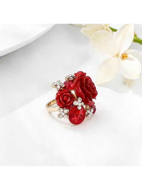 Rose Flower Statement Ring, Adjustable Open Band, Gold‑Plated Bronze with Cubic Zirconia for Women,Red