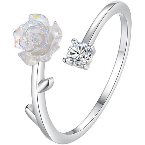 Rose Flower Sterling Silver Ring For Women And Girls, Open CZ Diamond Ring, Engagement Ring