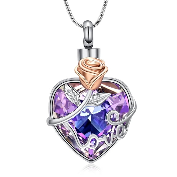 Rose Flower Stone Love Heart Urn Pendant Cremation Jewelry for Ashes Keepsake Memory Necklace Women Elegant Beautiful Memorial Jewelry