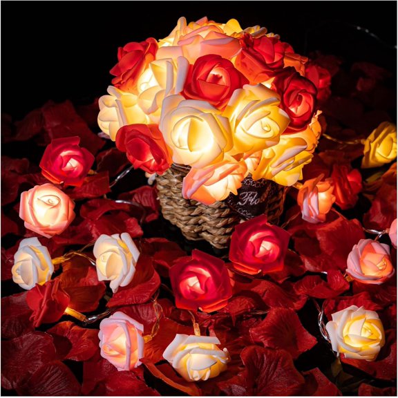 Rose Flower String Lights, 20 LED  Operated Romantic Red  White Rose Lights, 10Ft Artificial  Garland Led Lights for Valentine's Day Wedding Indoor Outdoor Festival Party Decor