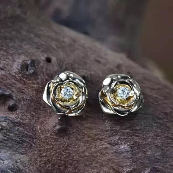 Rose Flower Stud Earring 2.00Ct Round Lab Created Diamond 14K Yellow Gold Plated