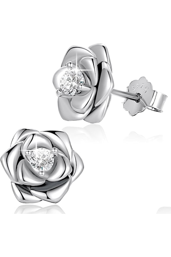 Rose Flower Stud Earrings For Women, Sterling Silver Post 18K Gold Plated 3D Realistic Blank Rose Earrings, Hypoallergenic Flower Earrings[Z1]