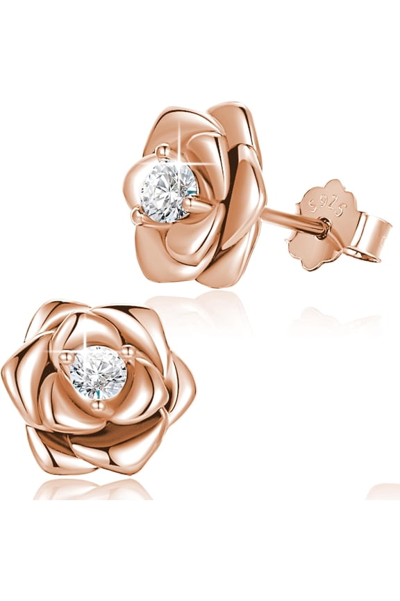 Rose Flower Stud Earrings For Women, Sterling Silver Post 18K Gold Plated 3D Realistic Blank Rose Earrings, Hypoallergenic Flower Earrings[Z1]