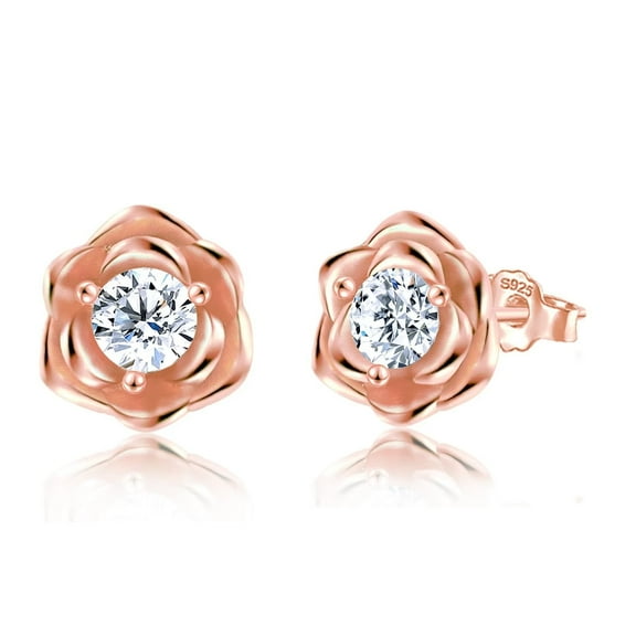 Rose Flower Stud Earrings Sterling Silver with Gold Plated Hypoallergenic Jewelry Cubic Zirconia Studs Earring, Birthday Gifts for Women