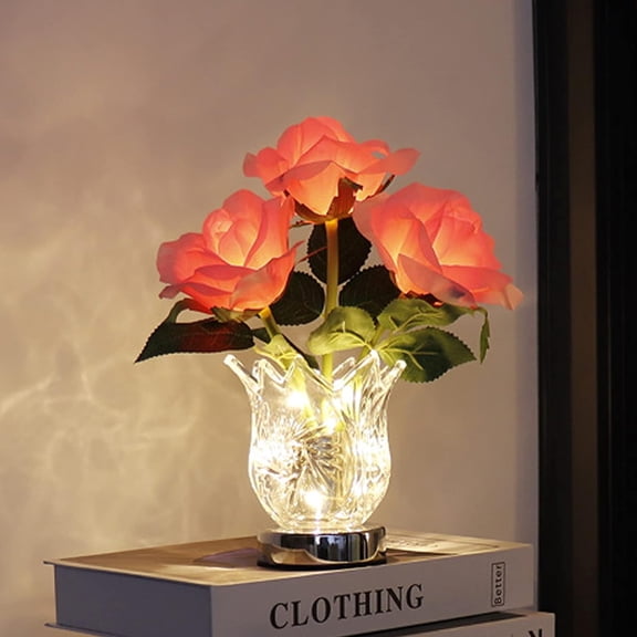 Rose Flower Table Lamp, LED Artificial Flowers Touch Lamp with Crystal Clear Glass Vase, Rechargeable Cordless Lamp Decorative Lamp, Dimmable Flower Desk Lamp Gifts for Women Mom Wife (Pink)