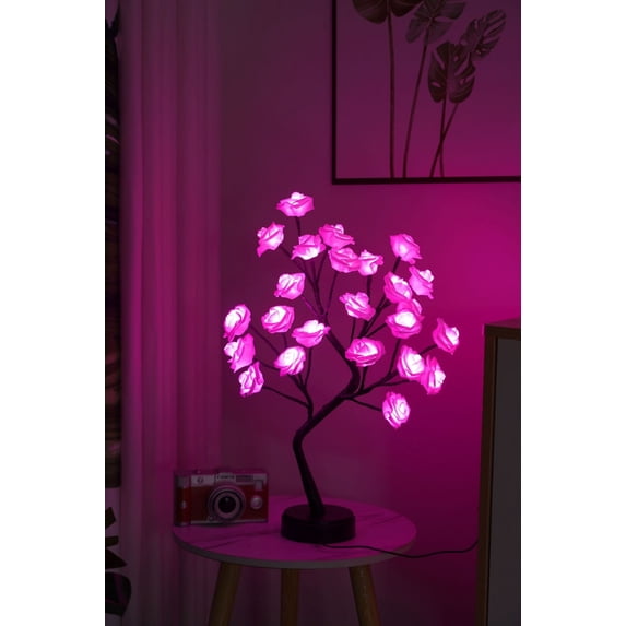 Rose Flower Table Lamp with 24 LED Lights USB & Battery Powered Adjustable Branches for Home Office Party Decor Romantic Gift Idea Warm White Light