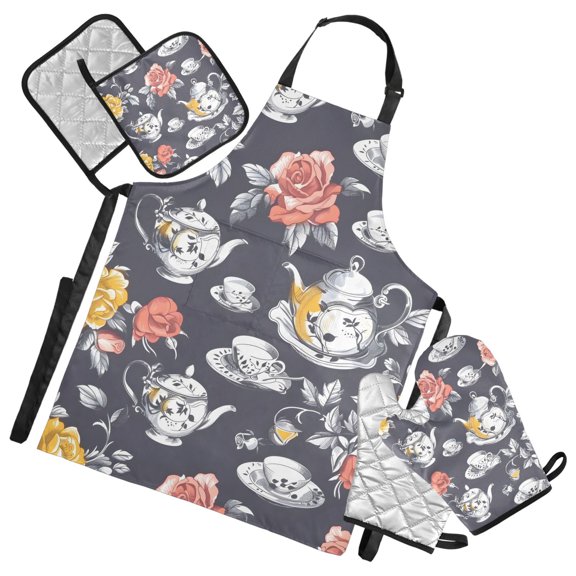 Rose Flower Teacup Teapot 5 Pcs Kitchen Set Heat Resistant Oven Mitts and Non-Slip Pot Holders with Adjustable Cooking Apron