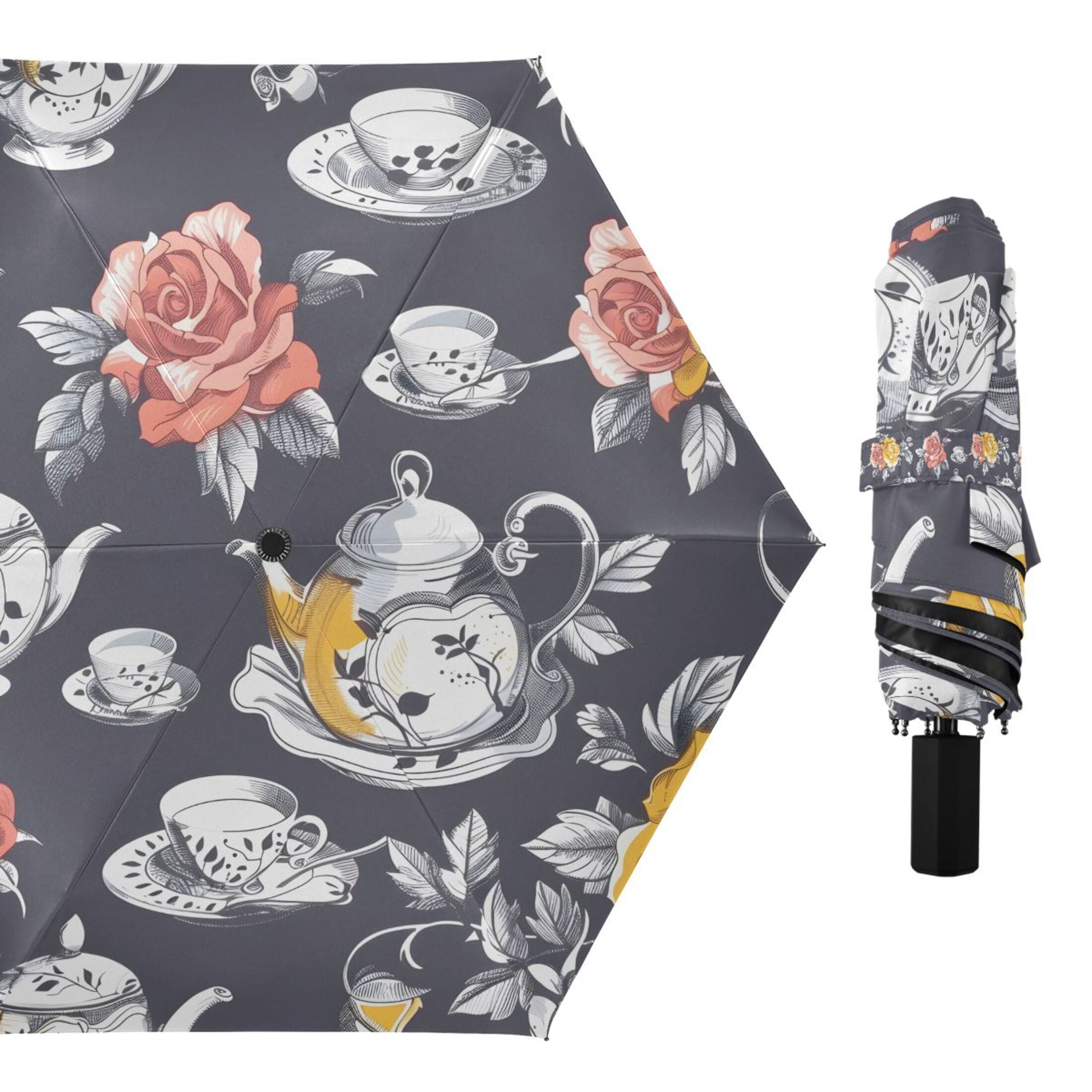 Rose Flower Teacup Teapot Compact Sun Umbrella Windproof Travel Umbrellas for Rain Strong Portable UV Protection