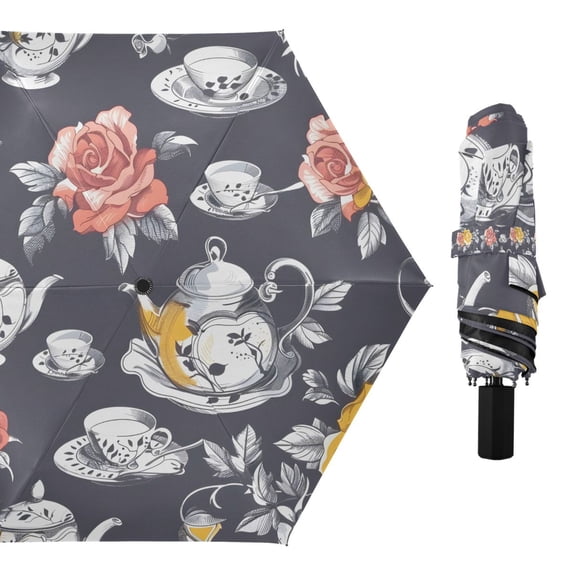 Rose Flower Teacup Teapot Compact Sun Umbrella Windproof Travel Umbrellas for Rain Strong Portable UV Protection