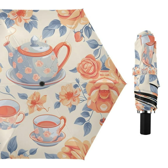 Rose Flower Teacup Teapot Leaf Compact Sun Umbrella Windproof Travel Umbrellas for Rain Strong Portable UV Protection