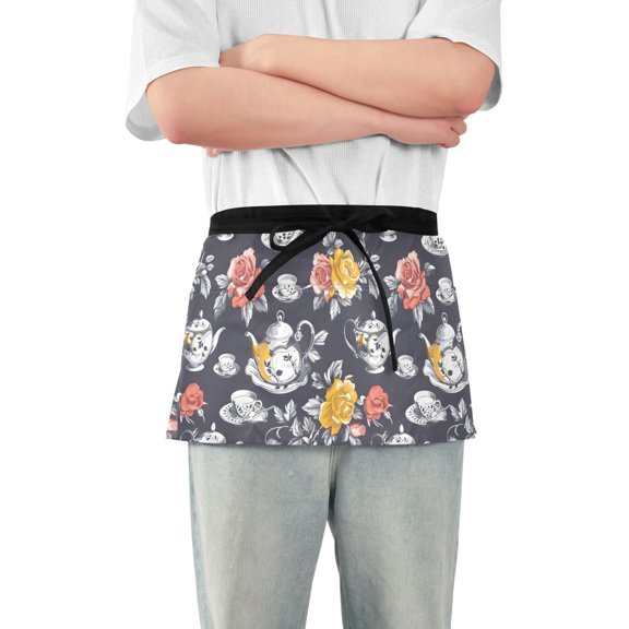 Rose Flower Teacup Teapot Server Apron with 3 Pockets Waterproof Waitress Waist Short Apron for Man Woman 12 Inches