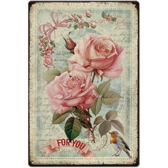 Rose Flower Tin Signs Pastoral Vintage Hanging Metal Posters colorful Metal Poster Signs Iron Wall Art Tin Signs Home Wall Decoration for Bars Cafe Pubs Restroom Living Room Bedroom 30x20cm