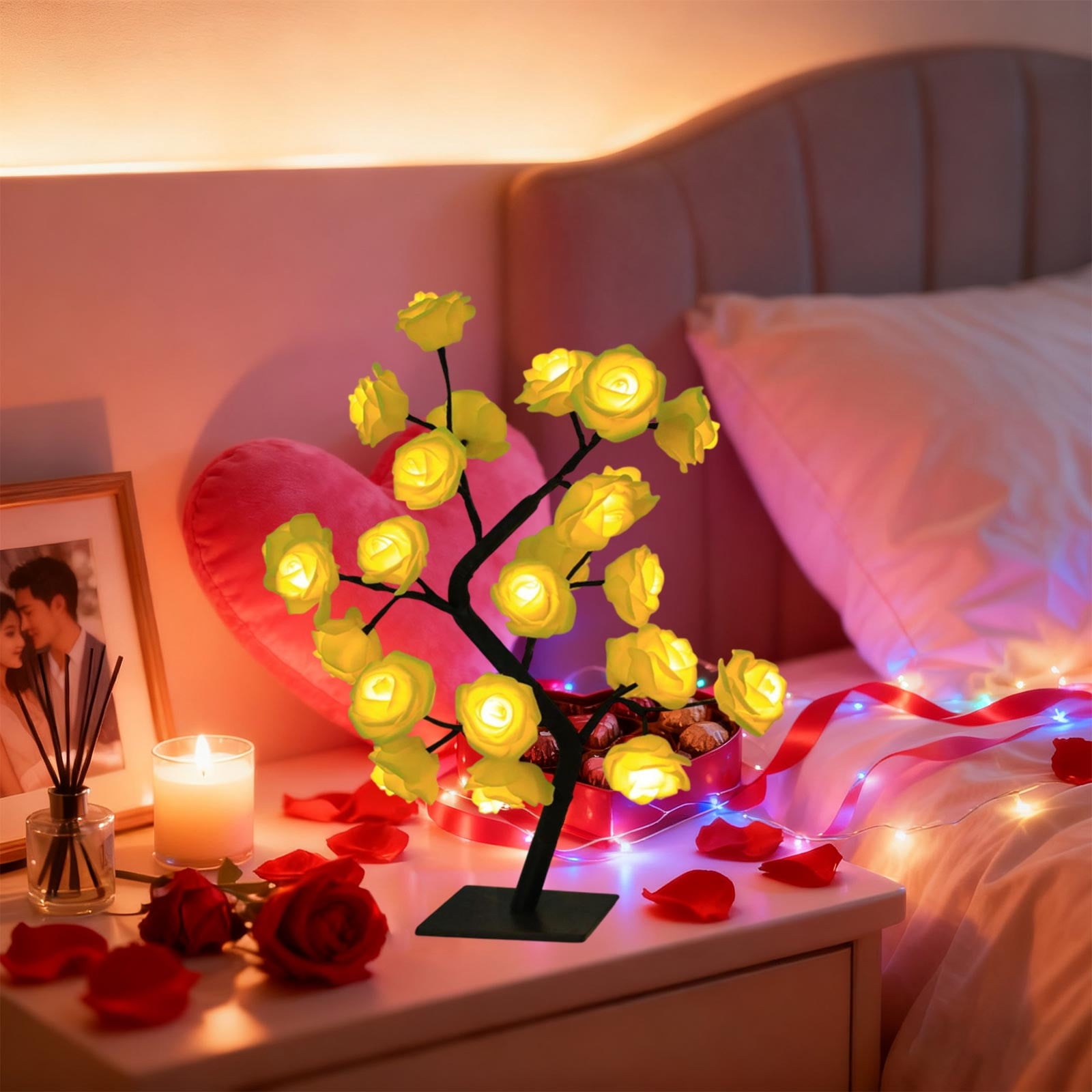 Rose Flower Tree Lamp, LED Rose Bedside Table Lamp Battery Powered or ...