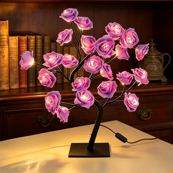 Rose Flower Tree Lamp, USB/Battery Powered Artificial Bonsai Flower Night Light, LED Rose Ambient Lighting for Living Room Bedroom, Party Wedding Valentines Mothers Day Decor (Purple)