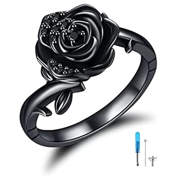 Rose Flower Urn Ring for Ashes 925 Sterling Silver Black Rose Flower Cremation Urn Ring For Women Memorial Jewelry Presents