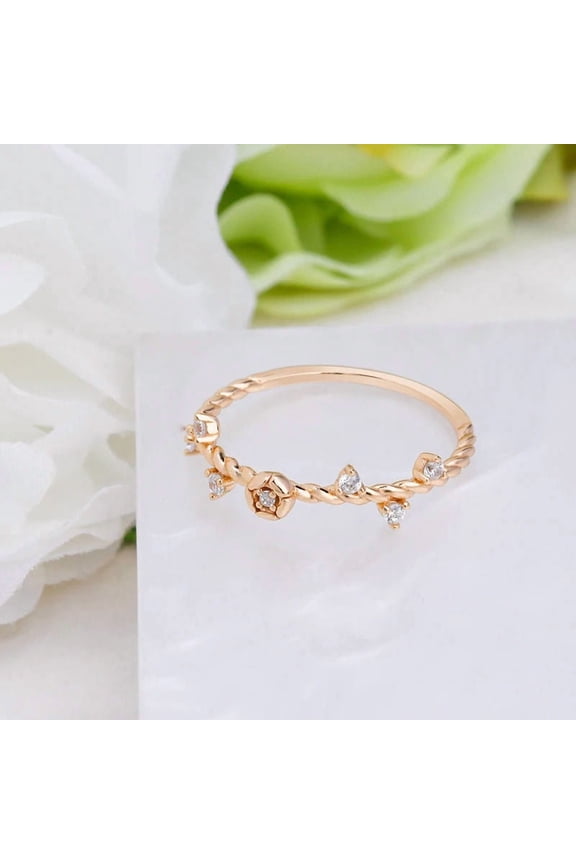 Rose Flower Wedding Band, Delicate Diamond Stacking Matching Minimalist Band, Rose Gold Floral Promise Ring, Women Anniversary Gifts