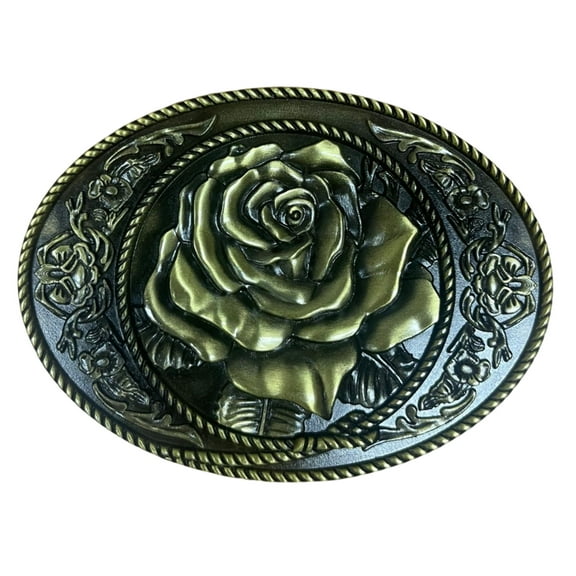 Rose Flower Western Oval Bronze Plated Western Unisex Fashion Belt Buckles