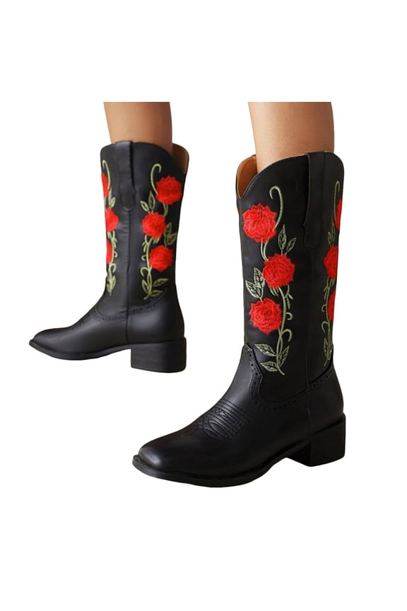 Rose Flower Wide Calf Cowboy Boots for Women Country Black Red Embroidered Leather Square Toe Mid Calf Cowgirl Tall Boots