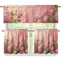Rose Flower Window Treatment 3 Piece Bedroom Floral Curtains for Window 24 Inch Length Kitchen Valance and Tiers Sheer Rod Pocket Cafe Curtains Decoration,54"x24"