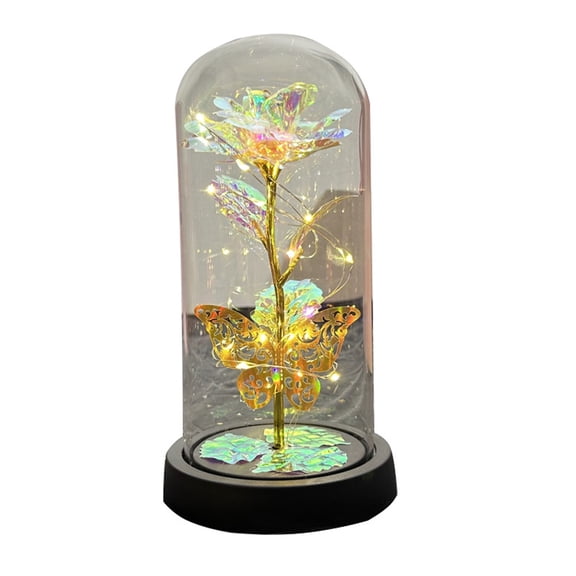 Rose Flower Women mom Birthday Gift Artificial Flower Crystal Rainbow Rose LED Light Strip Lighted Glass Dome Everlasting Rose Flower Gift for Mother Wife Girlfriend Flower GiftColorful Platinum