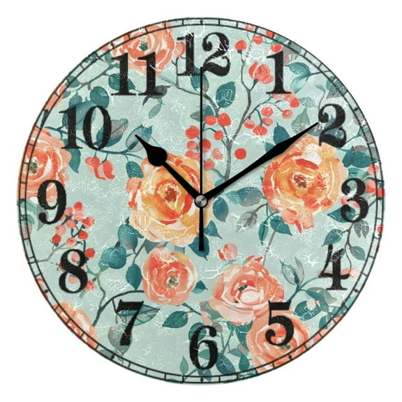 Rose Flower with Leaves Silent Wall Clock 10" Non-Ticking Battery Clock