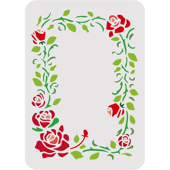 Rose Flowered Frame Painting Stencil 11.7x8.3inch Reusable Rose Floral Stencils Wreath Drawing Stencil Plant Stencil for Painting on Wall Wood Furniture Fabric and Paper White DIY