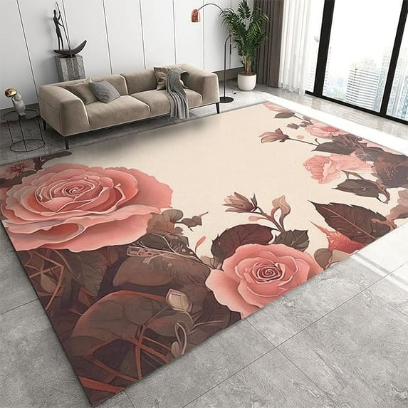 Rose Flowers Area Rug, Countryside Farmhouse Red Flora Washable Rugs, Indoor Outdoor Rug For Living Room Bedroom Rug Floor Mat Dining Office Entryway 4 x 6ft