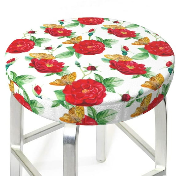Rose Flowers Butterfly Round Bar Stool Seat Covers, Elastic Round Chair Cover Stool Seat Slipcover Bar Stool Cushions Round Pad for 12-14 inch