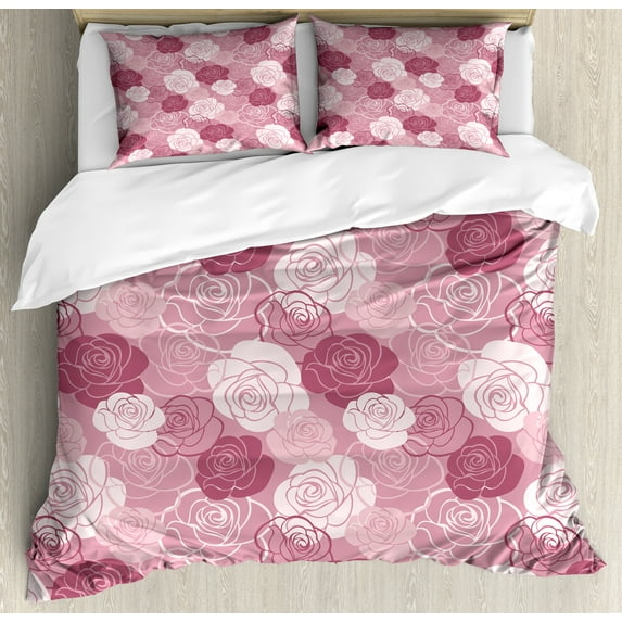 Rose Flowers Duvet Cover Set, Pastel Tone Romantic Flowers Petals Motif Blossoming Nature Print, Decorative 3 Piece Bedding Set with 2 Pillow Shams, Queen Size, Dried Rose Pale Rose, by Ambesonne