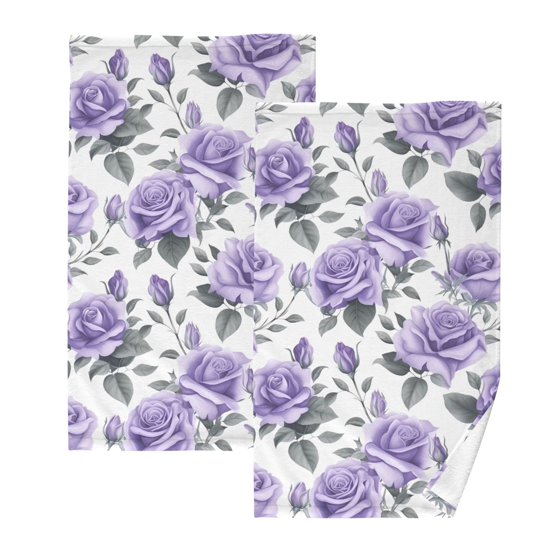 Rose Flowers Purple 2 PCs Cotton Hand Towels Absorbent Face Towel Soft Breathable Towel Set for Bathroom Kitchen Hotel Gym Decoration