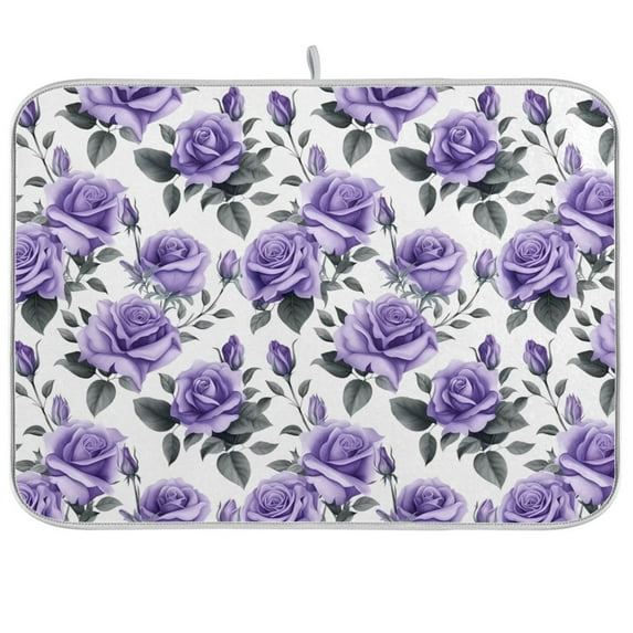 Rose Flowers Purple Dish Drying Mat Microfiber Kitchen Pad Large Counter Absorbent Dish Mats Drainer Rack 16"x18"