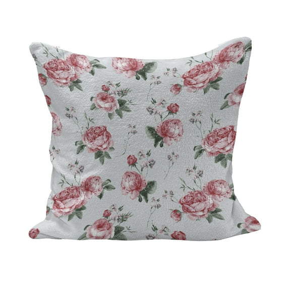 Rose Fluffy Throw Pillow Cushion Cover, Blooming English Rose Watercolor Painting Style Garden Shabby Form Wild Flowers, Decorative Square Pillow Case, 26" x 26", Reseda Green Pink, by Ambesonne