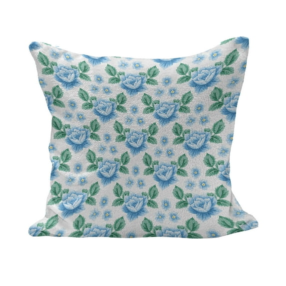 Rose Fluffy Throw Pillow Cushion Cover, Vintage Blue Roses and Forget Me Not Flowers Botanical Hand Drawn Pattern, Decorative Square Accent Pillow Case, 20" x 20", Sky Blue Jade Green, by Ambesonne