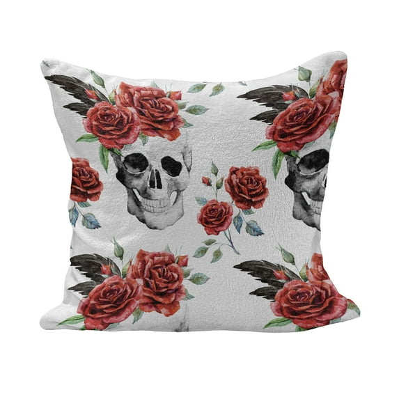 Rose Fluffy Throw Pillow Cushion Cover, Watercolor Art Style Skull with Red Roses and Buds Gothic Halloween Pattern, Decorative Square Pillow Case, 26" x 26", Vermilion Black Green, by Ambesonne