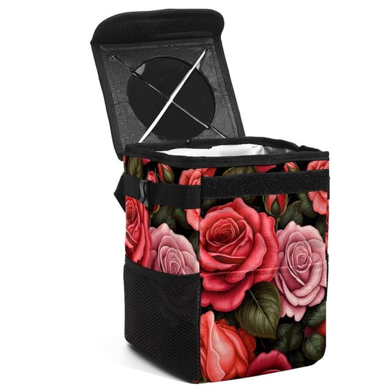 Rose Foldable Car Trash Bin Mini Trash Can with Lid, Leak-proof, Hanging Storage Bag - Car Garbage Can