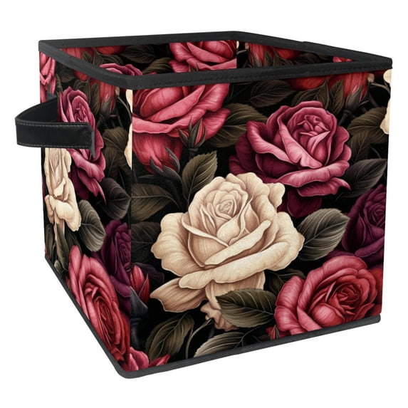 Rose Foldable Storage Basket Cube Organizer with Handle, 10.8"x10.5"x10.6", Large Capacity Storage Box