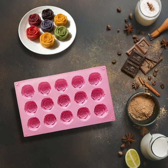 Rose Fondant Silicone Molds, Non Stick 15 Cavity Silicone Rose Mold for Candy, Chocolate, Jelly, Soap & Ice Cube, Heat-Resistant & Dishwasher Safe Molds for Fondant Cake Decorating and Baking