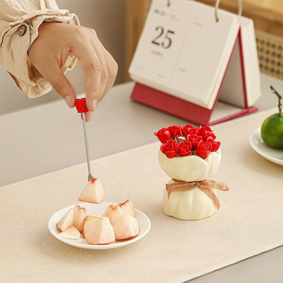 Rose Fruit Fork Set Valentine's Day Decorative Forks Ceramic Holder Reusable Dessert Appetizer Forks Metal Rose Pattern Table Decor Gift(Red)