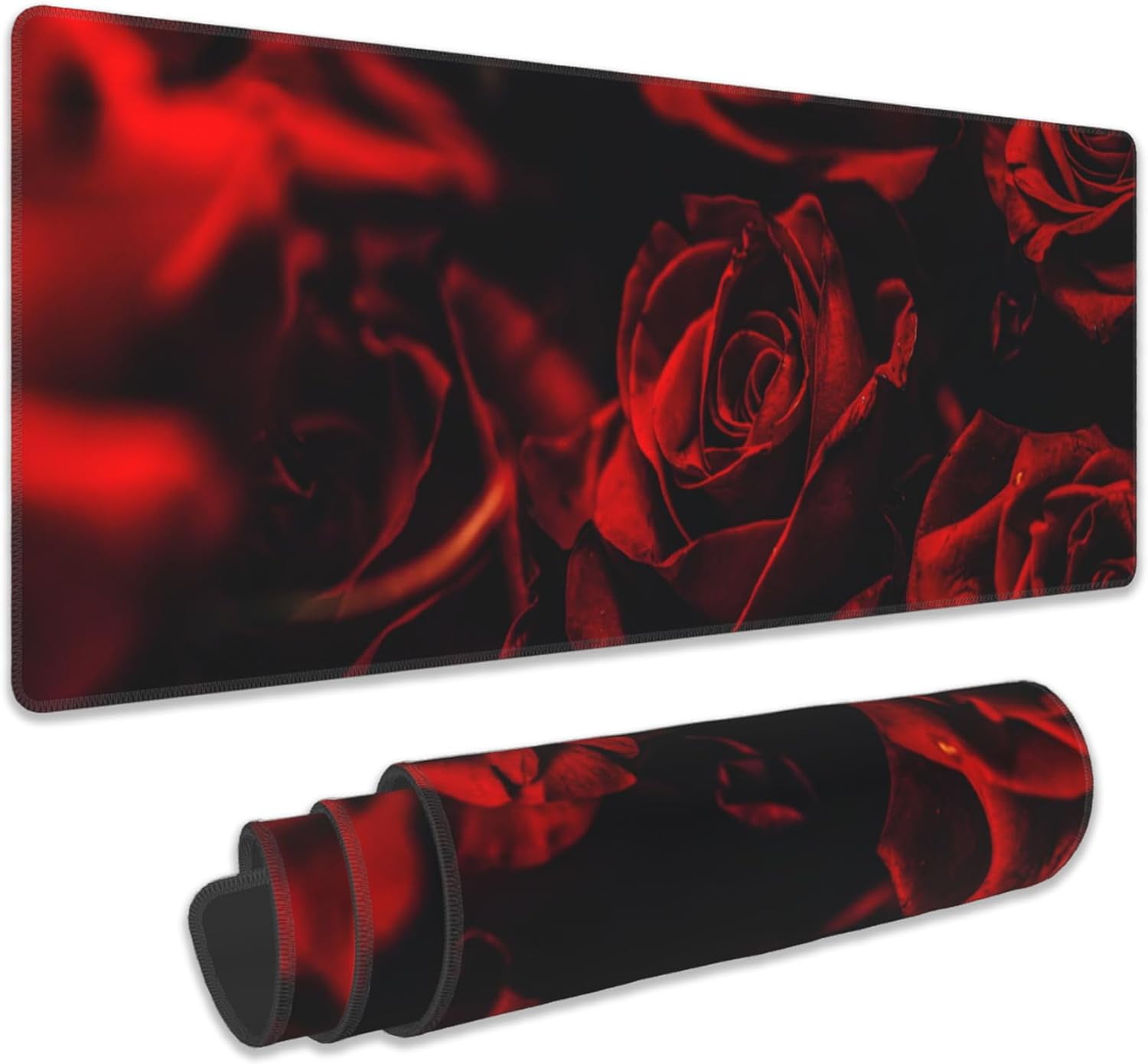 Rose Gaming Mouse Pad, Abstract Red Rose and Black Leaves Extended Mouse Pad Gaming Large,Big Desk Mat with Non-Slip Base and Stitched Edge,Computer Keyboard Mouse Mat for Home Office 31.5"x11.8"
