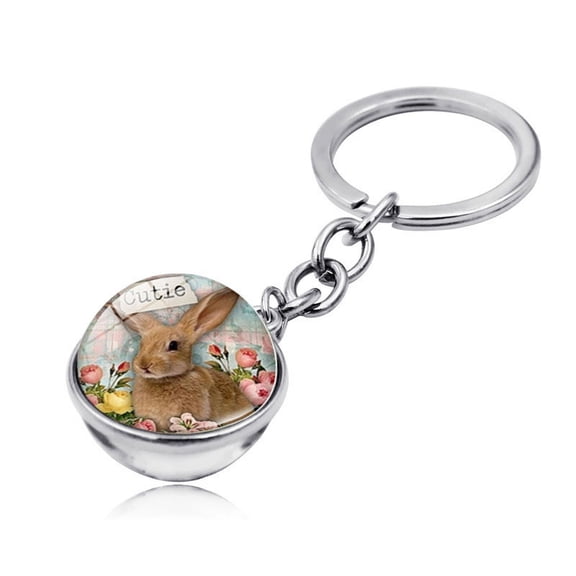Rose Garden Bunny Easter Keychain, Double-Sided Crystal Glass, Dome Shaped Picture Key Ring with Stainless Steel Chain, Easter Birthday Party Favors Gifts