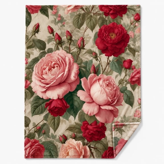 Rose Garden Floral Fleece Throw Blanket - Soft Pink & Red Roses Cozy Botanical Blanket for Couch