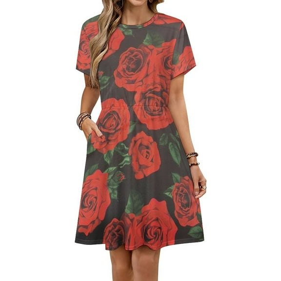 Rose Garden Printed Short Sleeve Dress Women Summer Evening Dresses Ladies Sundress